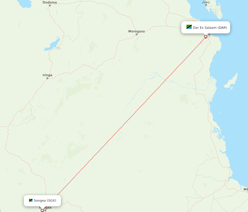 Songea - Dar Es Salaam route map and flight paths