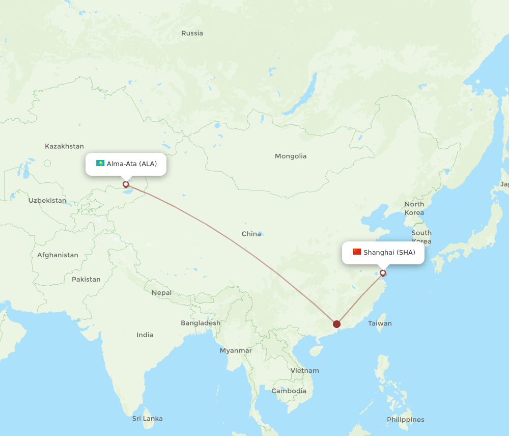 Almaty - Shanghai route map and flight paths
