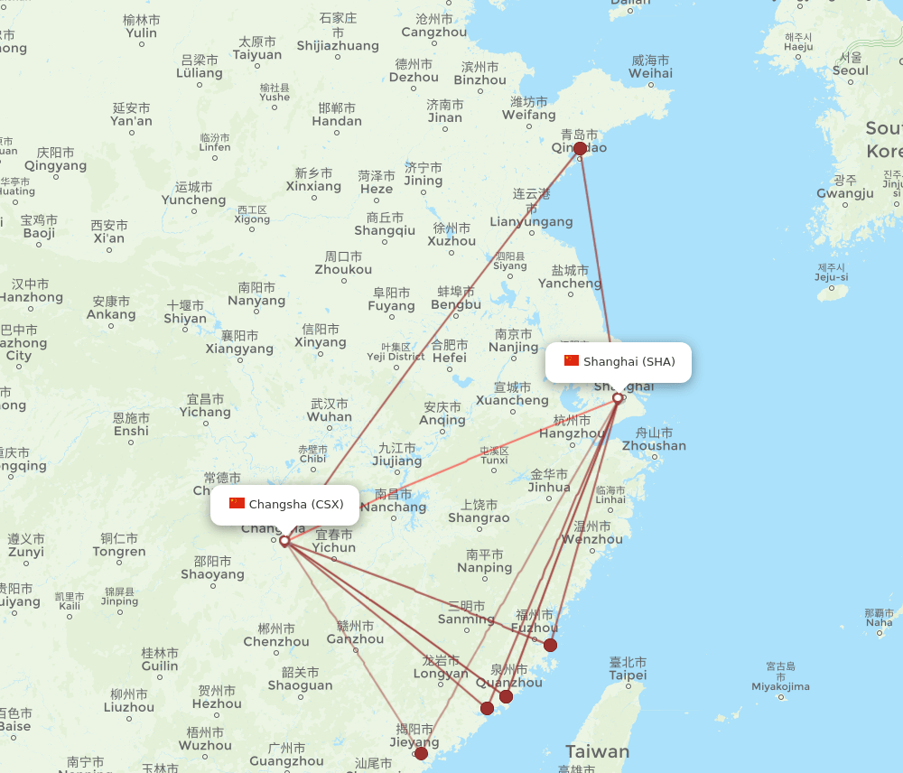SHA to CSX flights and routes map