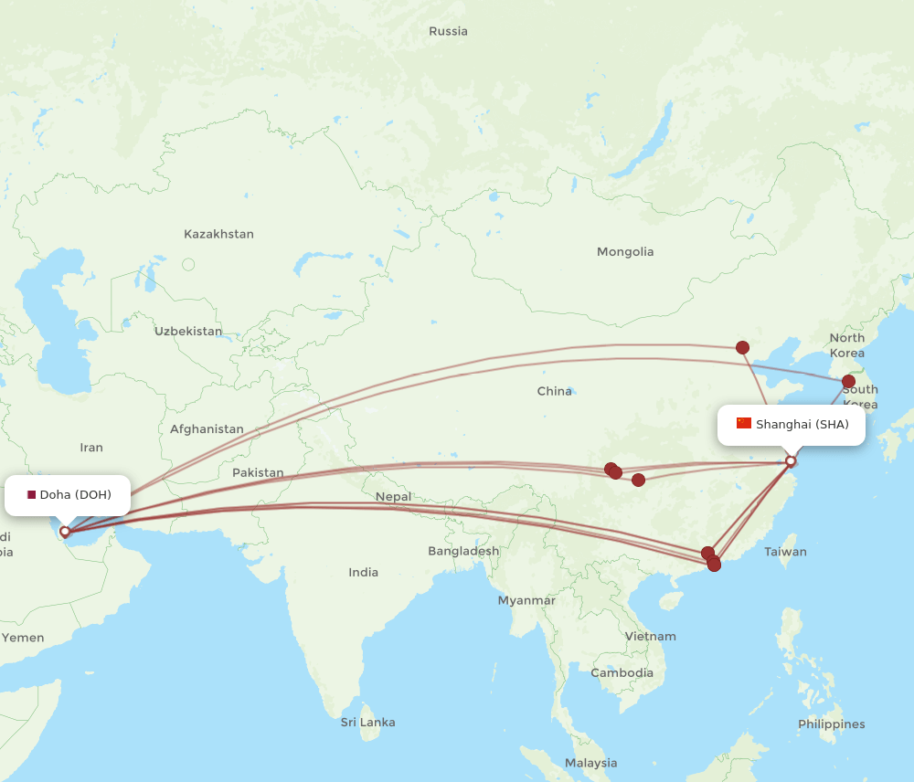 SHA to DOH flights and routes map
