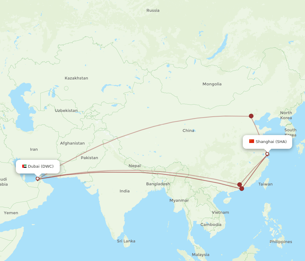 Dubai - Shanghai route map and flight paths