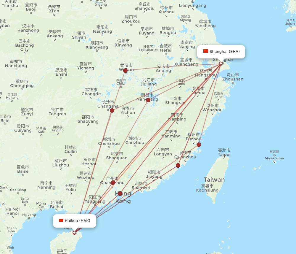SHA to HAK flights and routes map