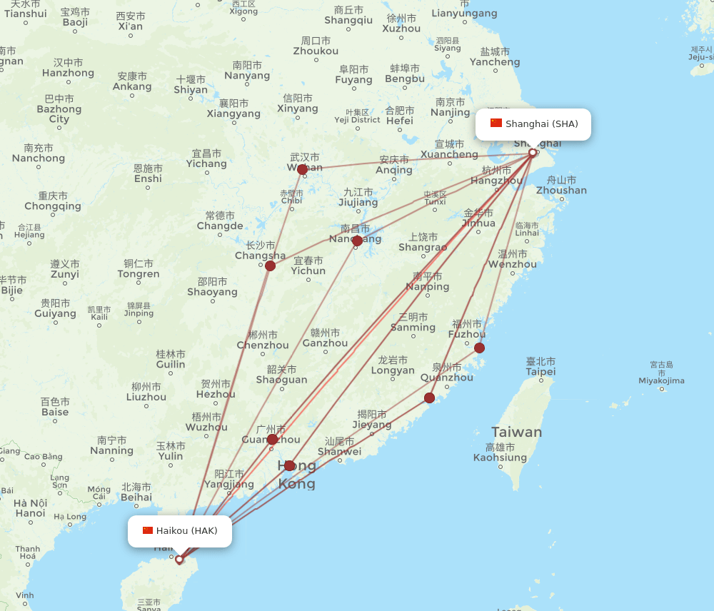 SHA to HAK flights and routes map