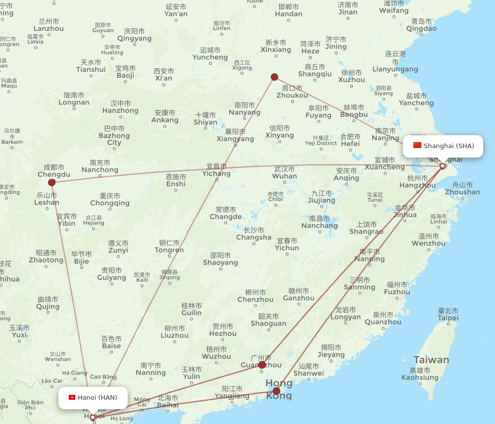 SHA to HAN flights and routes map