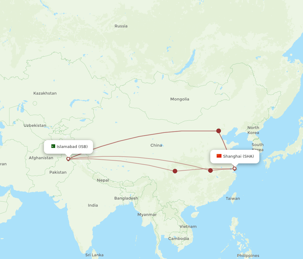 SHA to ISB flights and routes map
