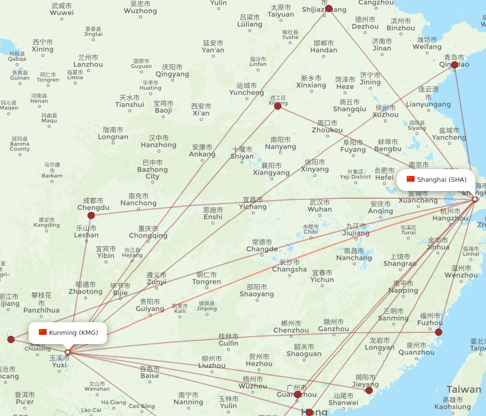 SHA to KMG flights and routes map