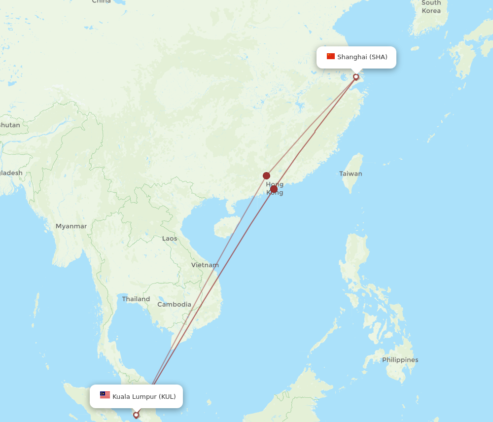 SHA to KUL flights and routes map