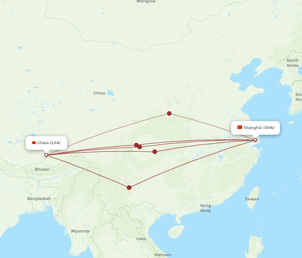SHA to LXA flights and routes map