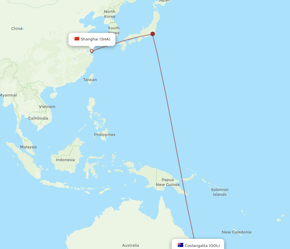 Shanghai - Coolangatta (Gold Coast) route map and flight paths