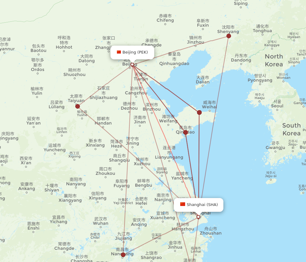 SHA to PEK flights and routes map