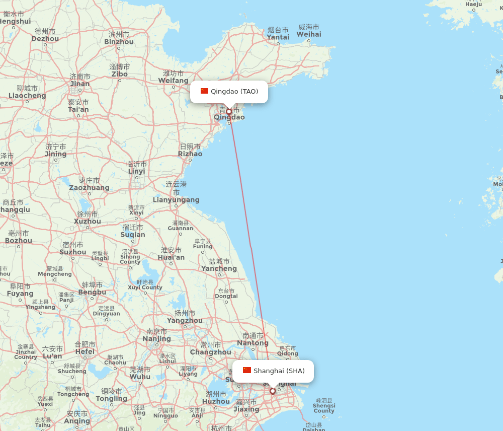 Shanghai - Qingdao route map and flight paths