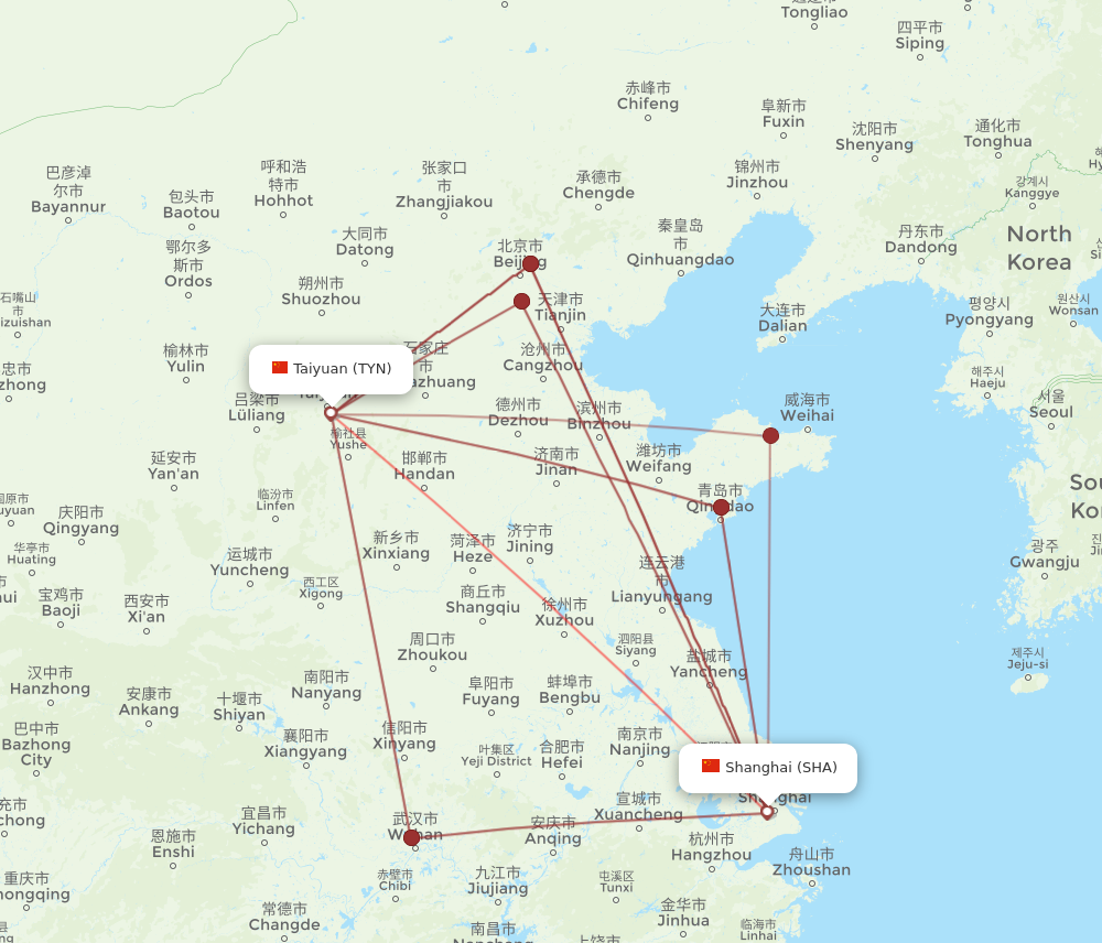 SHA to TYN flights and routes map