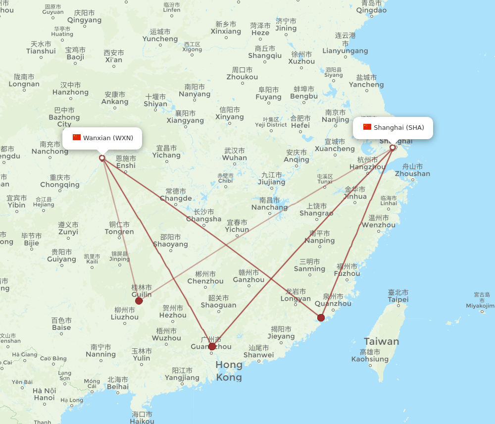 SHA to WXN flights and routes map