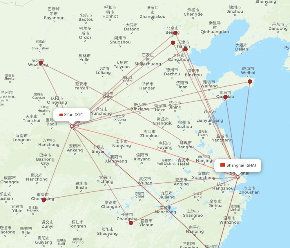 SHA to XIY flights and routes map