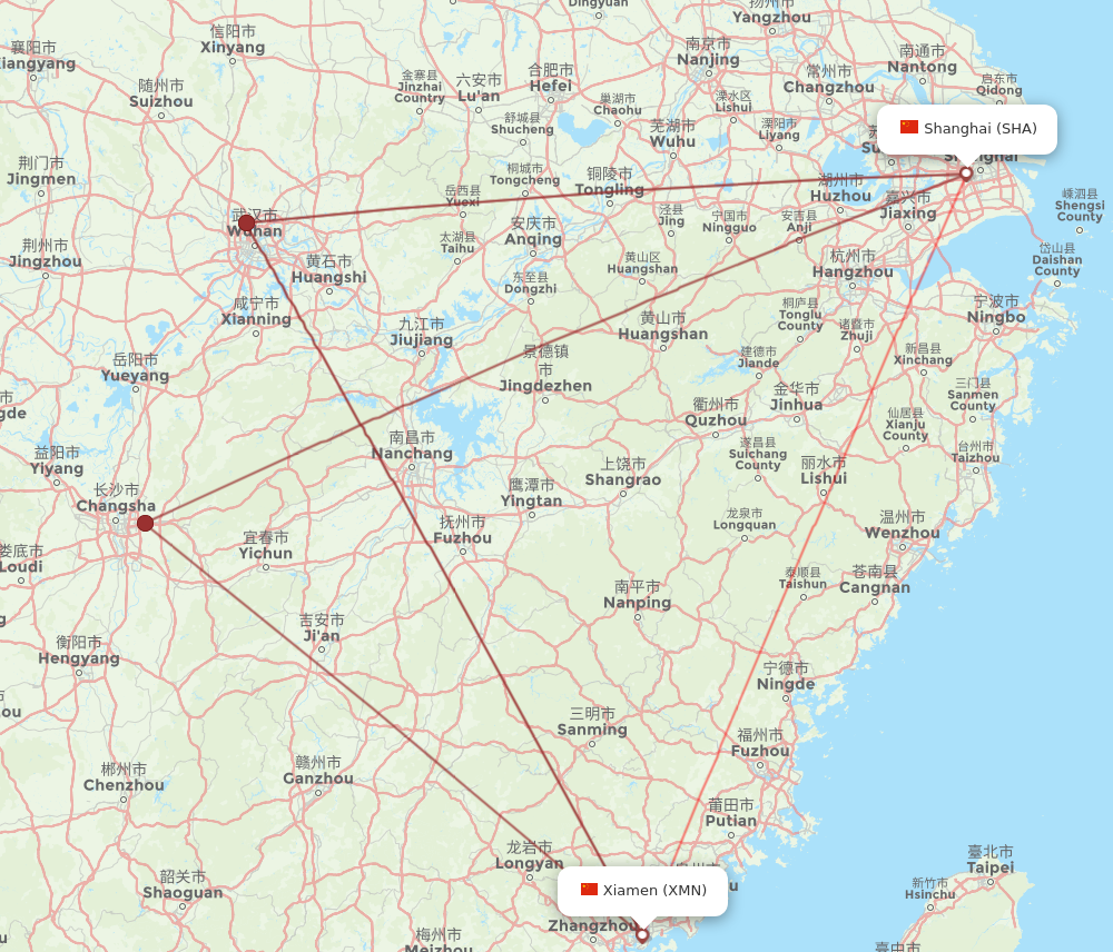 SHA to XMN flights and routes map
