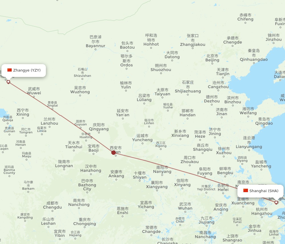 Zhangye - Shanghai route map and flight paths