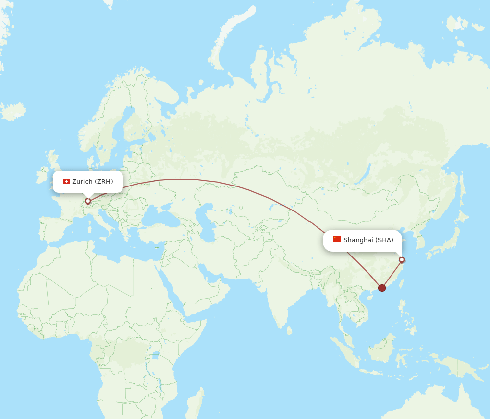 Zurich - Shanghai route map and flight paths
