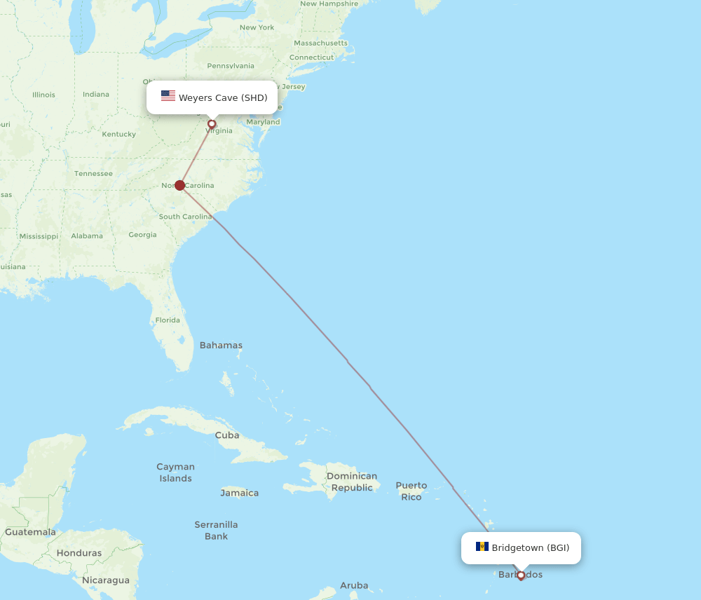 Bridgetown - Staunton route map and flight paths
