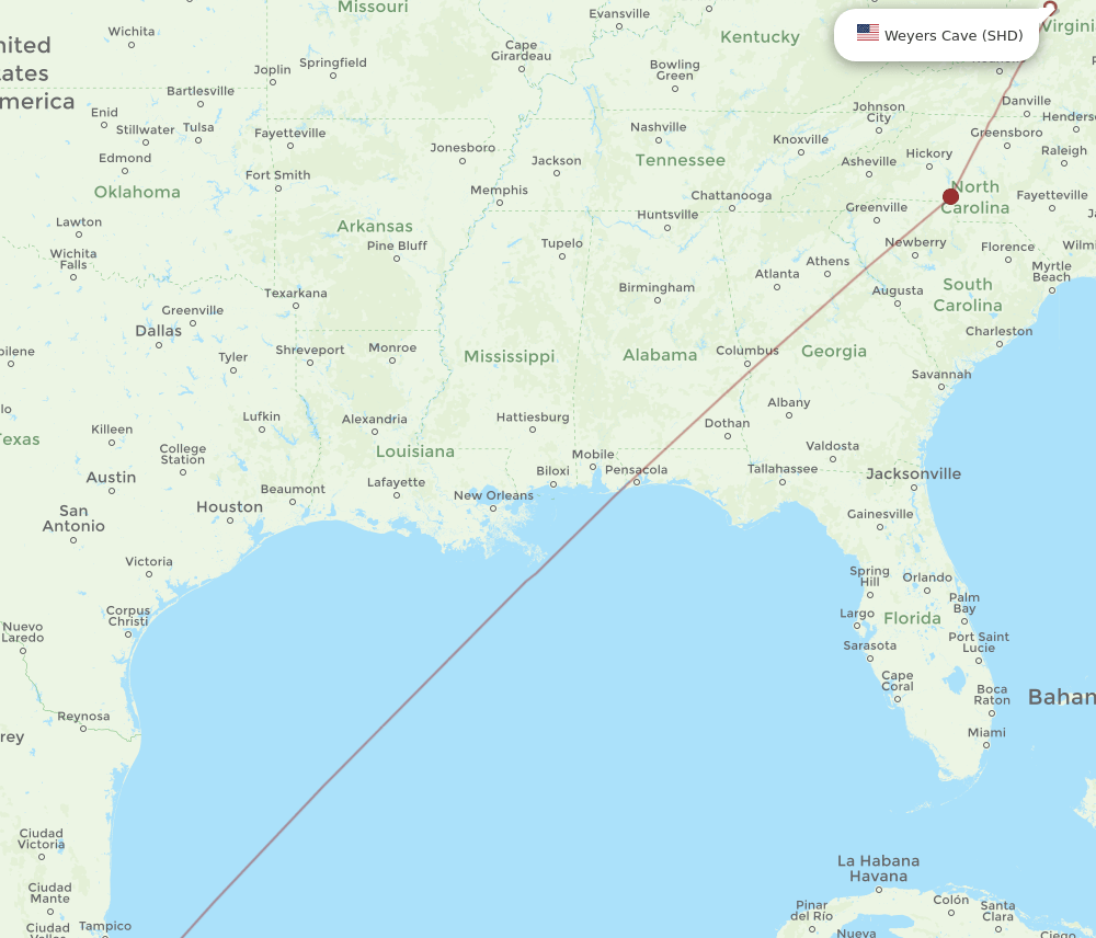 Mexico City - Staunton route map and flight paths