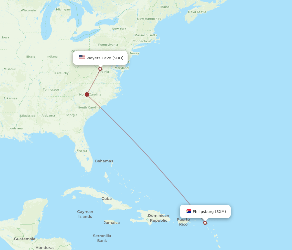 Sint Maarten - Staunton route map and flight paths
