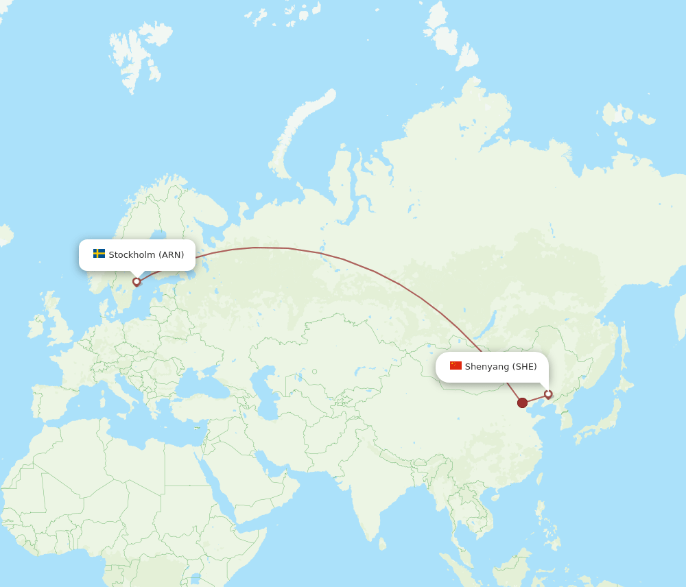 Stockholm - Shenyang route map and flight paths