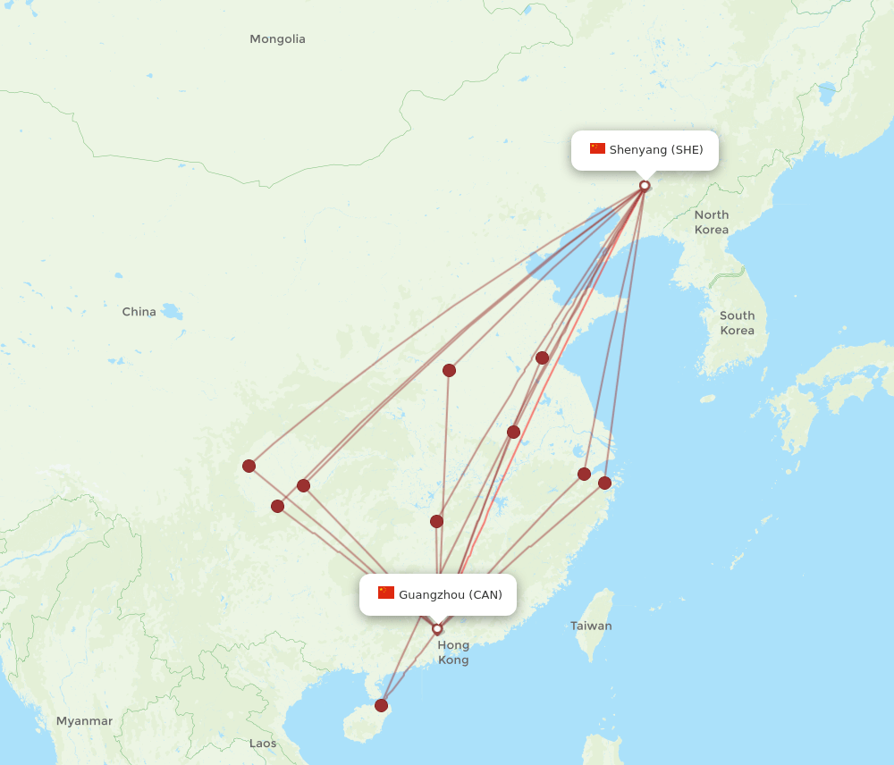 SHE to CAN flights and routes map