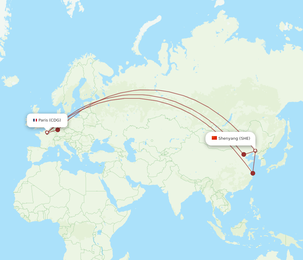 SHE-CDG flight routes