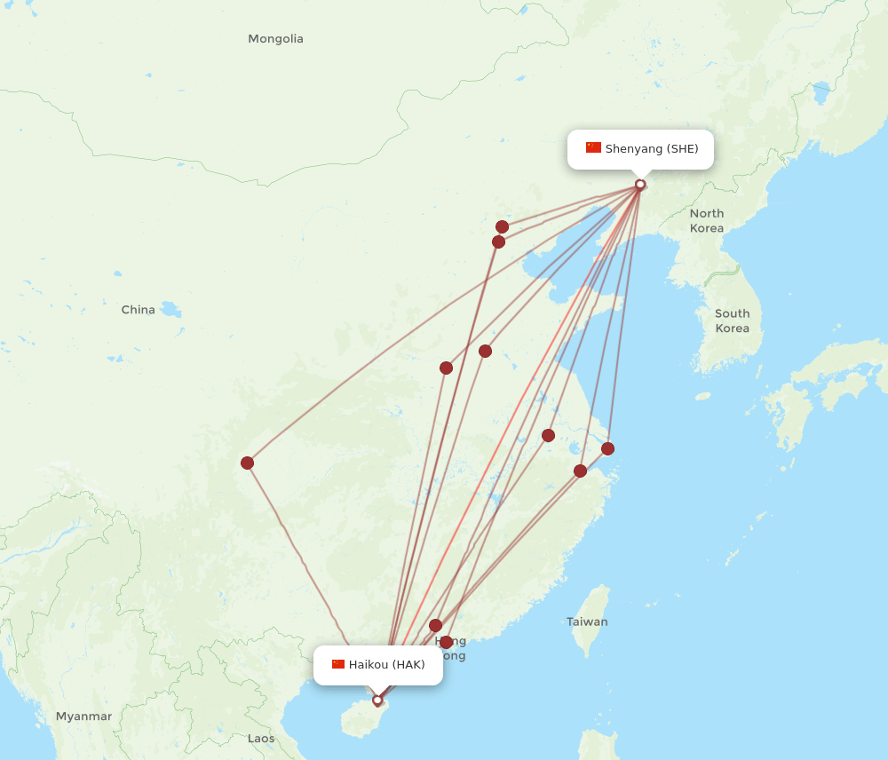 SHE to HAK flights and routes map