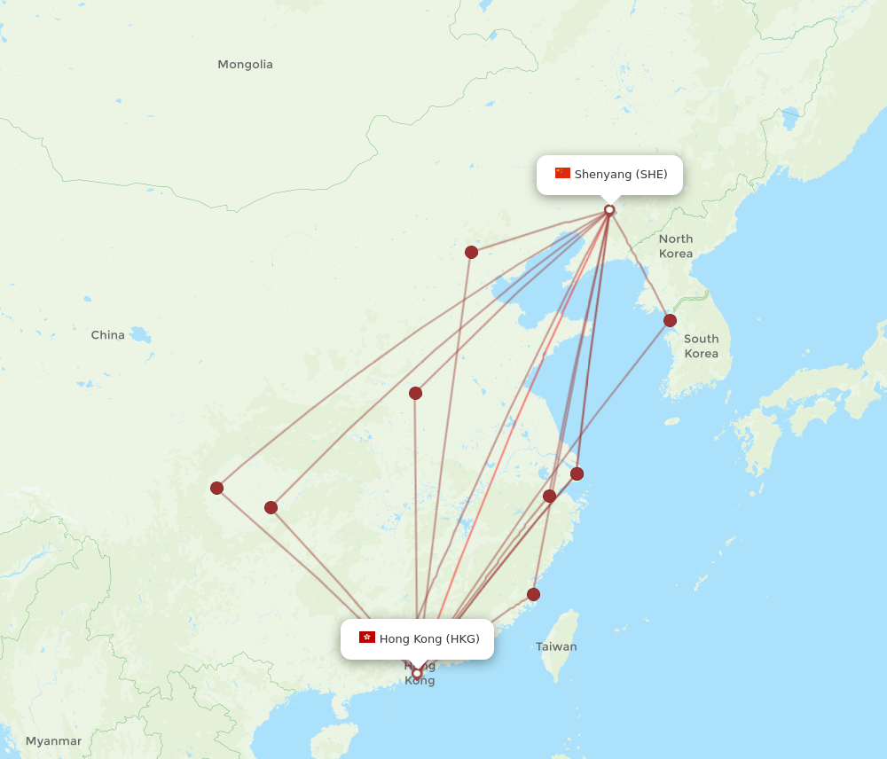 SHE to HKG flights and routes map
