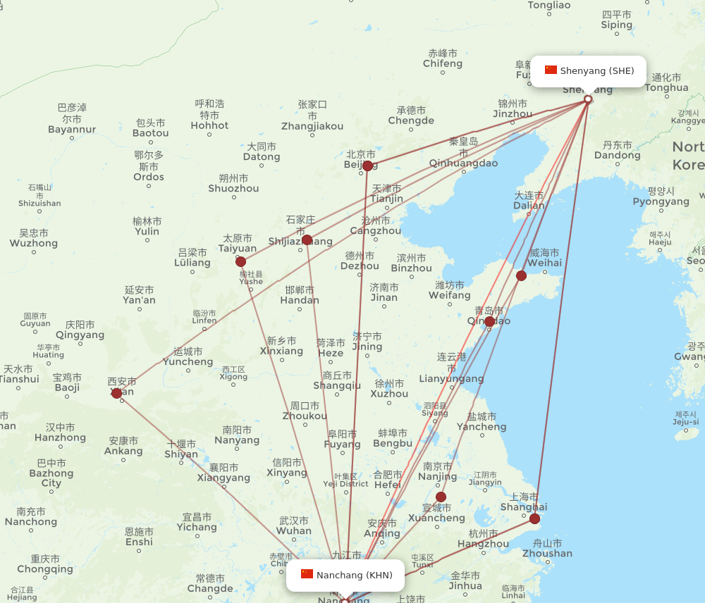 SHE to KHN flights and routes map