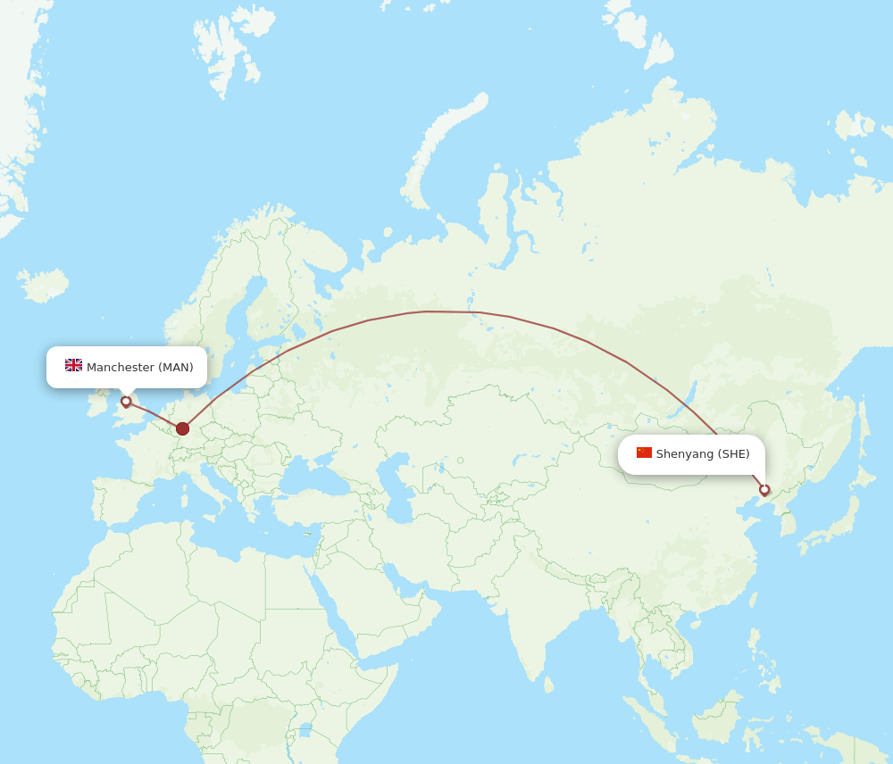Manchester - Shenyang route map and flight paths