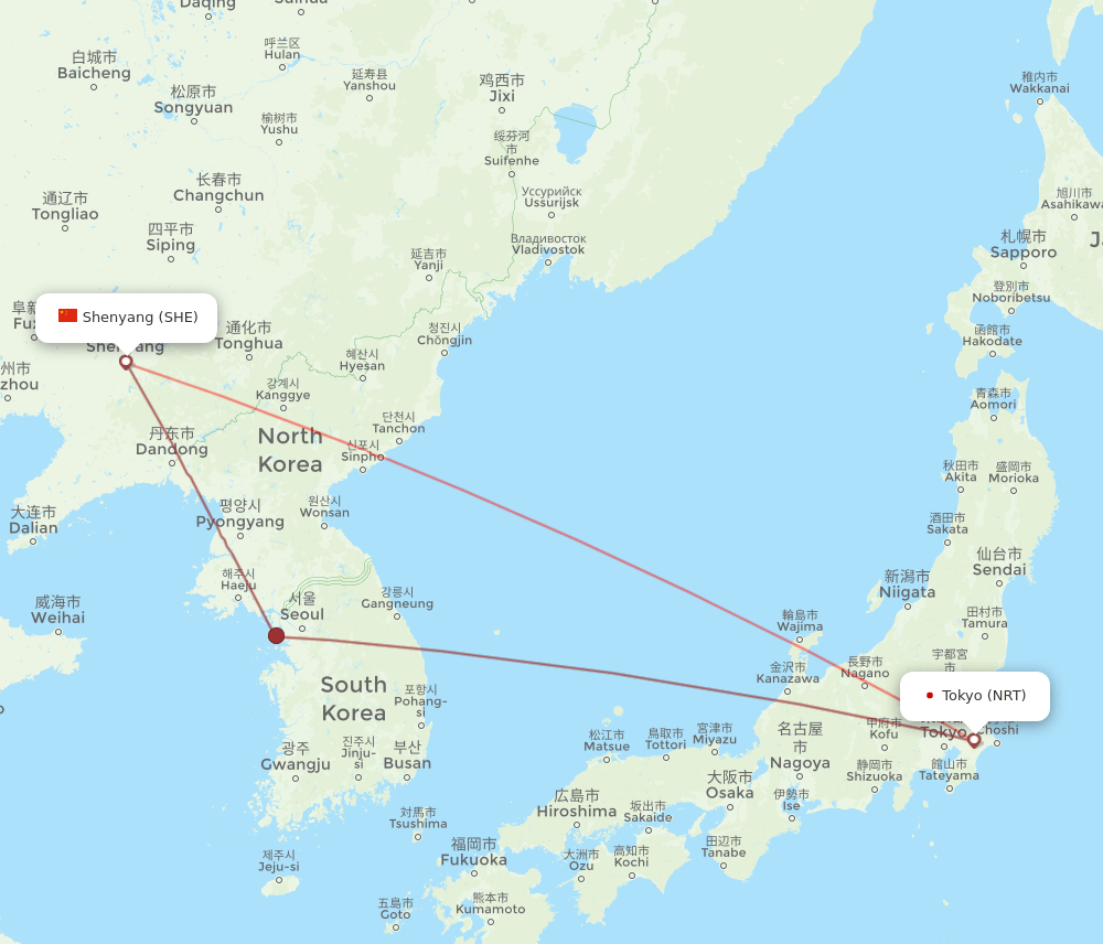SHE to NRT flights and routes map