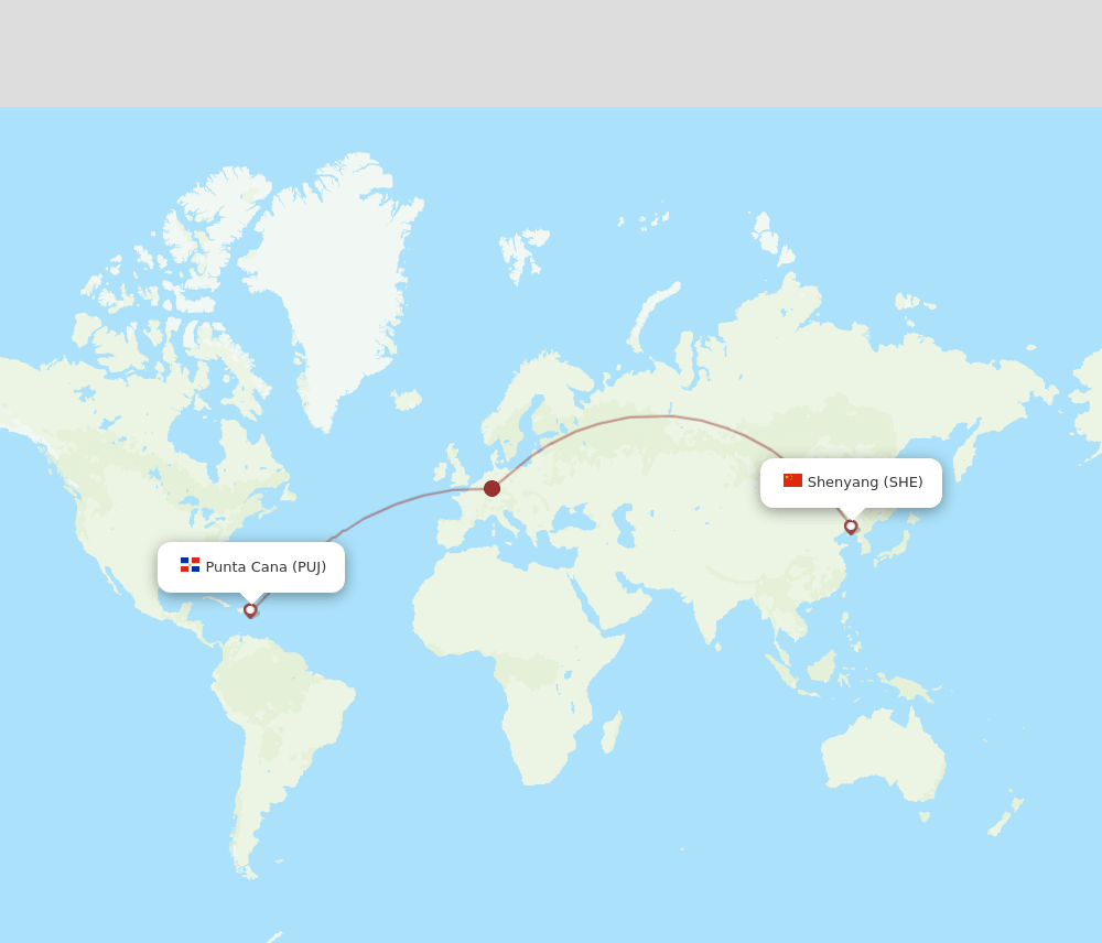 Punta Cana - Shenyang route map and flight paths