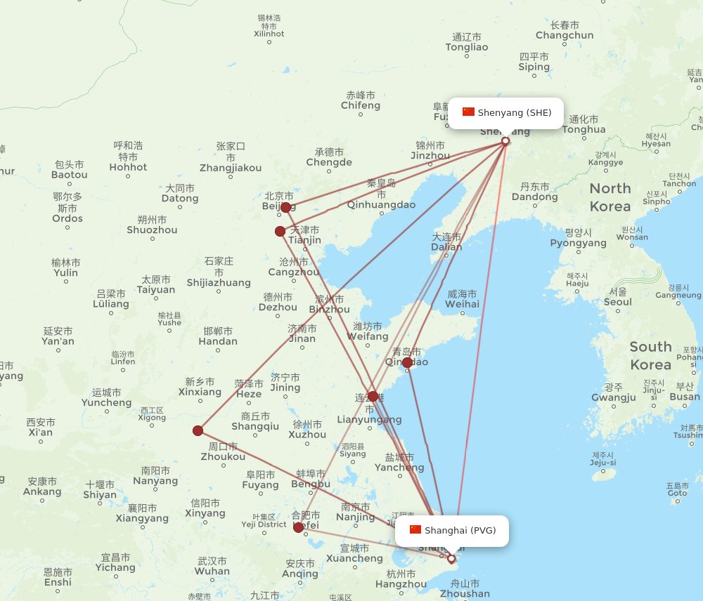 SHE to PVG flights and routes map