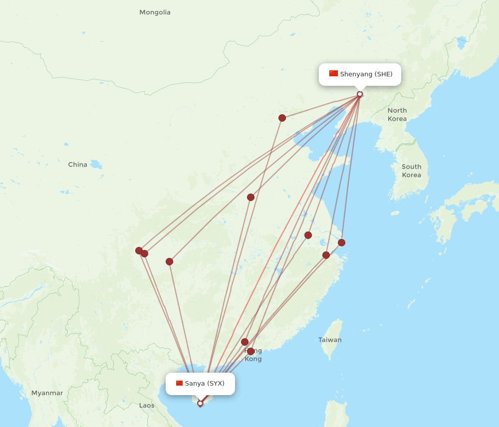 SHE to SYX flights and routes map