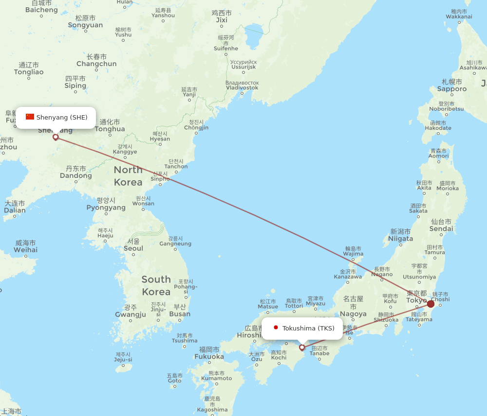 TKS to SHE flights and routes map