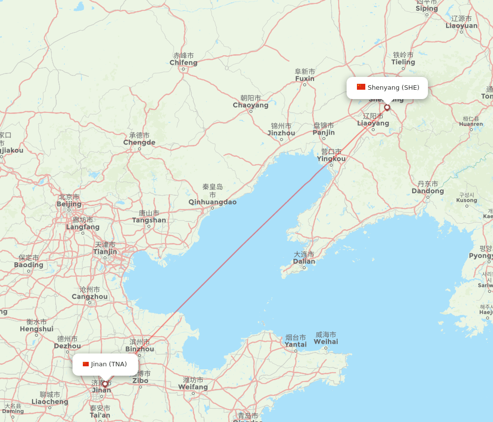 Shenyang - Jinan route map and flight paths