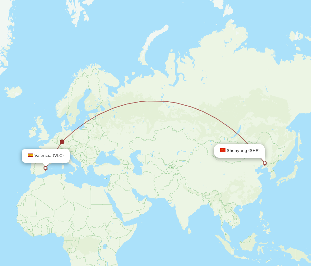 Valencia - Shenyang route map and flight paths