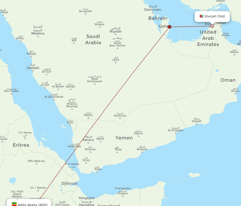 SHJ to ADD flights and routes map