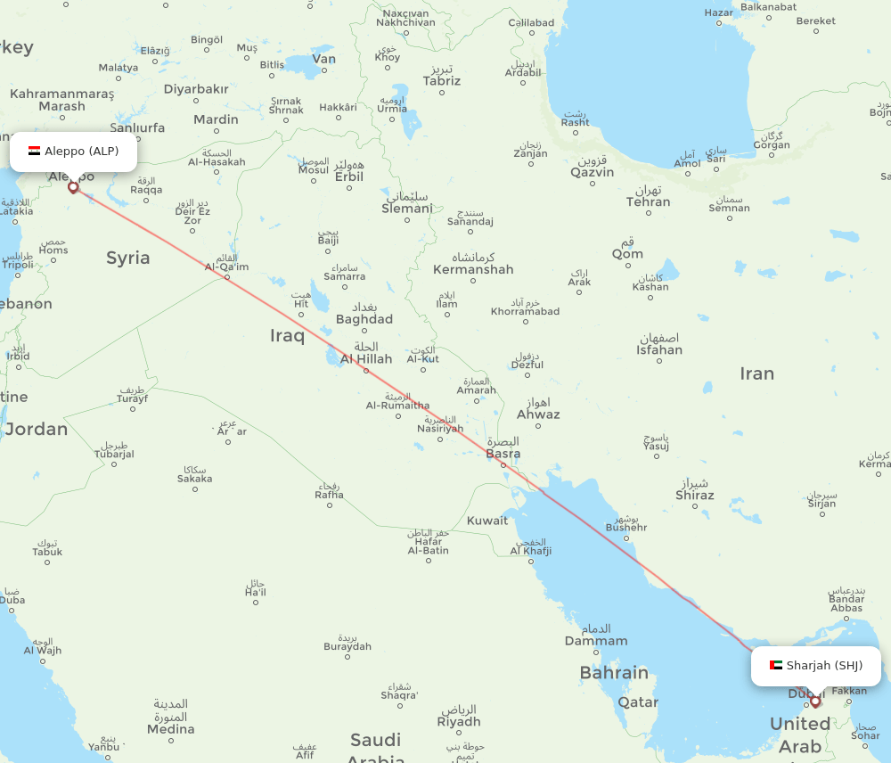 Sharjah - Aleppo route map and flight paths