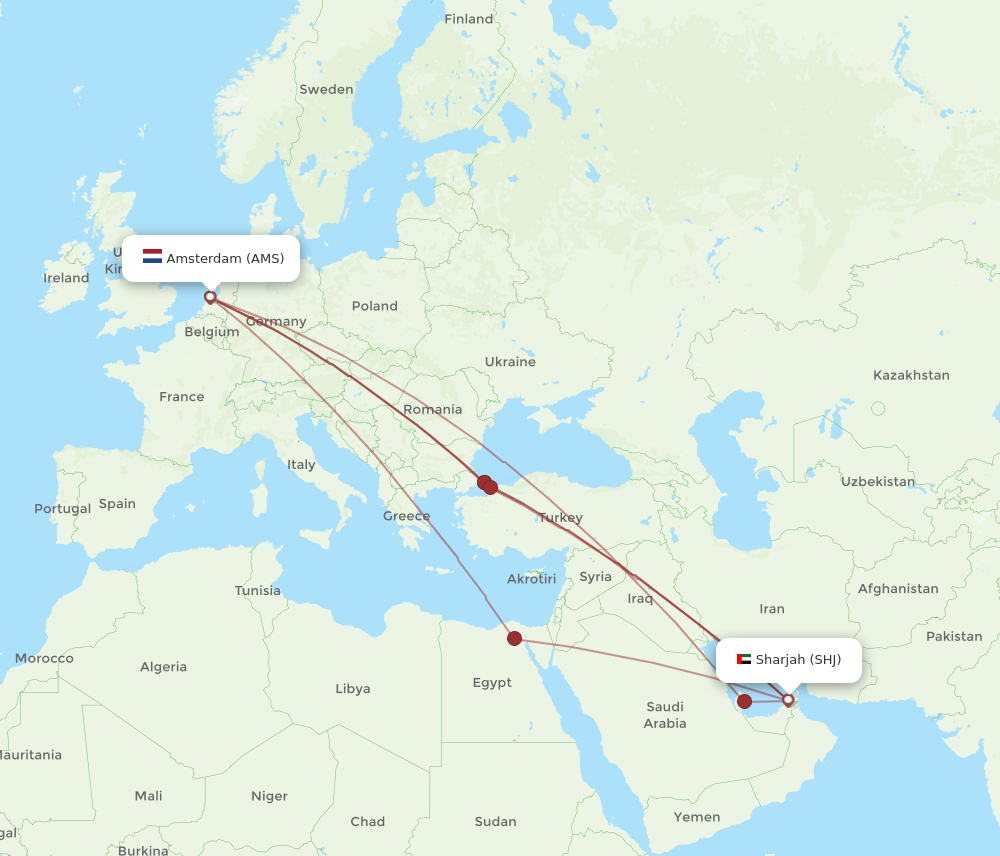 SHJ to AMS flights and routes map