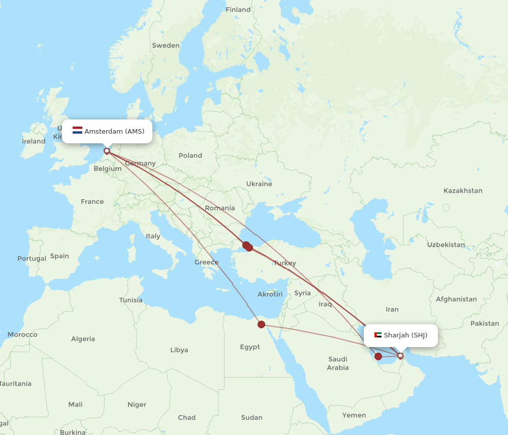 SHJ-AMS flight routes