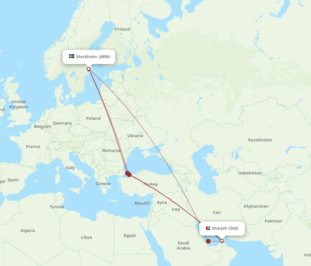 SHJ to ARN flights and routes map