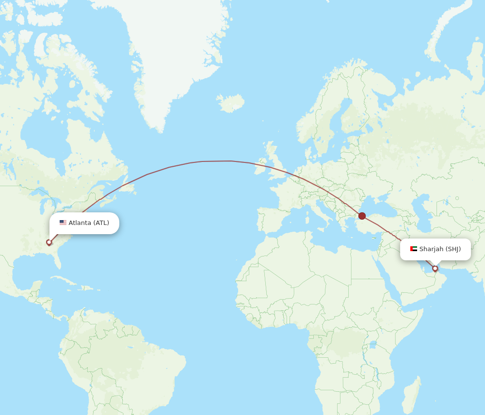 SHJ to ATL flights and routes map