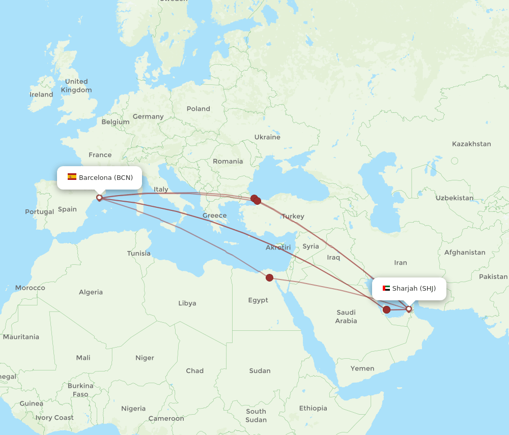 SHJ-BCN flight routes