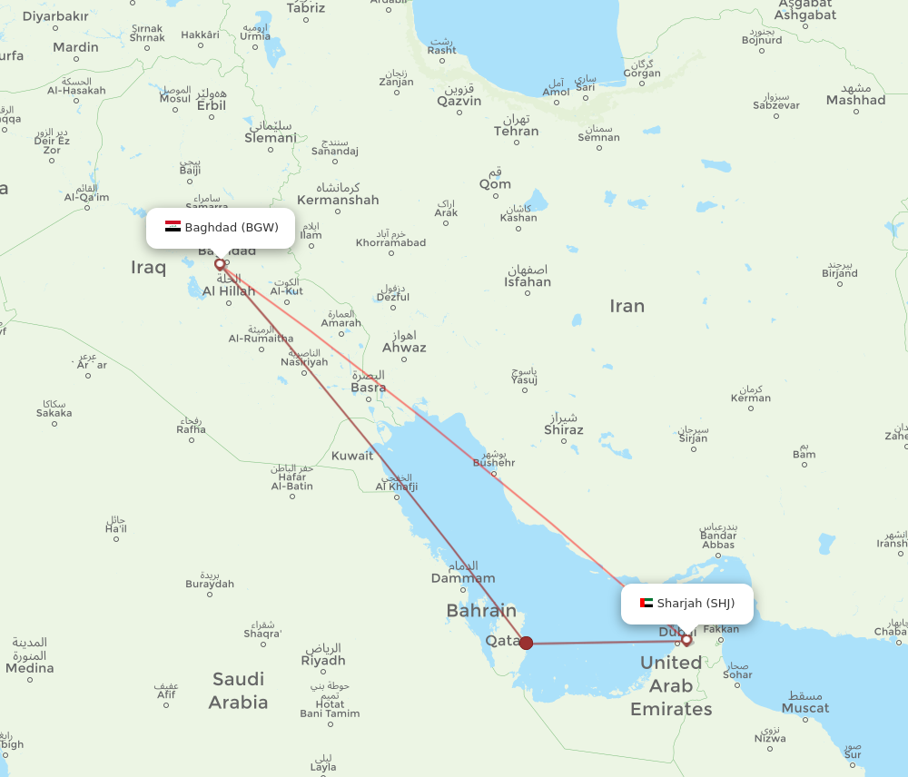 SHJ to BGW flights and routes map