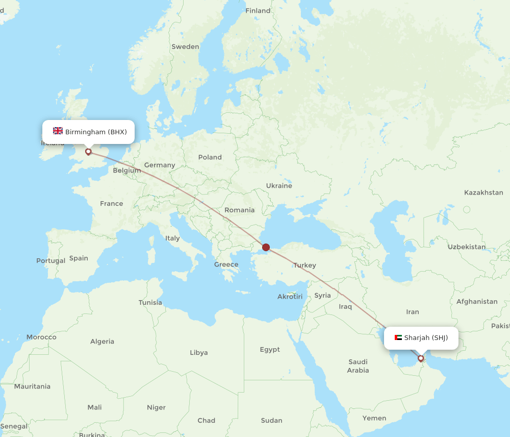 SHJ to BHX flights and routes map