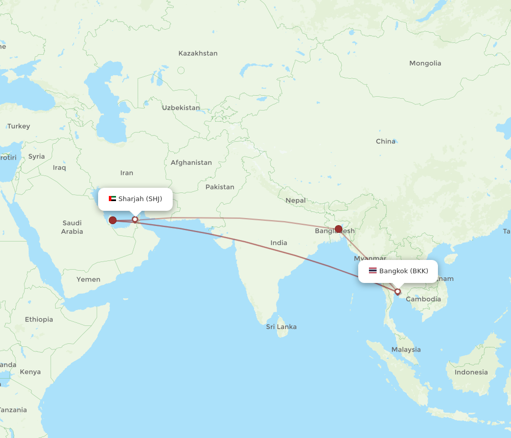 SHJ to BKK flights and routes map
