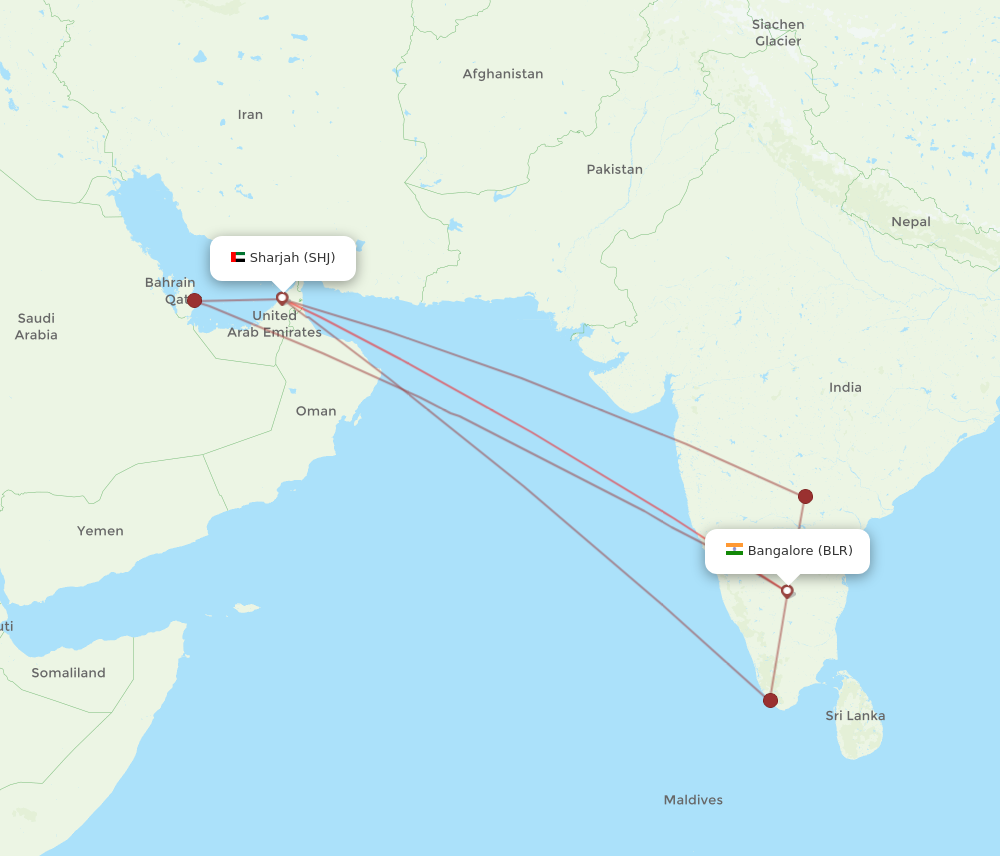 SHJ to BLR flights and routes map