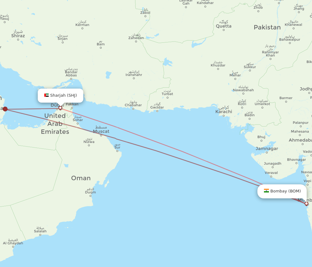 SHJ to BOM flights and routes map